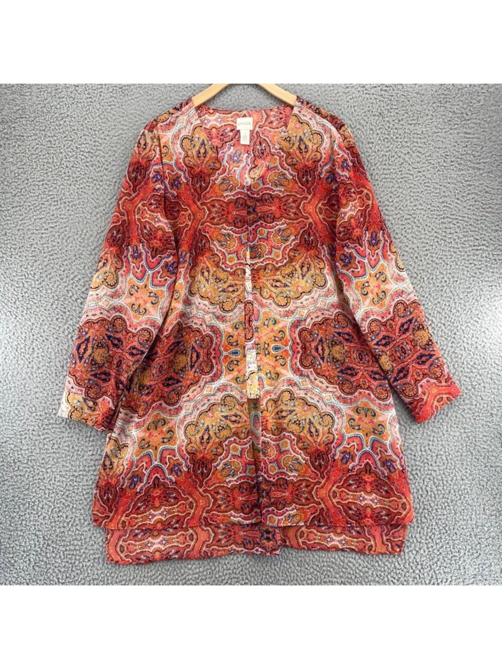 Chicos Top Womens 2 US Large Coral Paisley Layered Tunic High Low Blouse V Neck